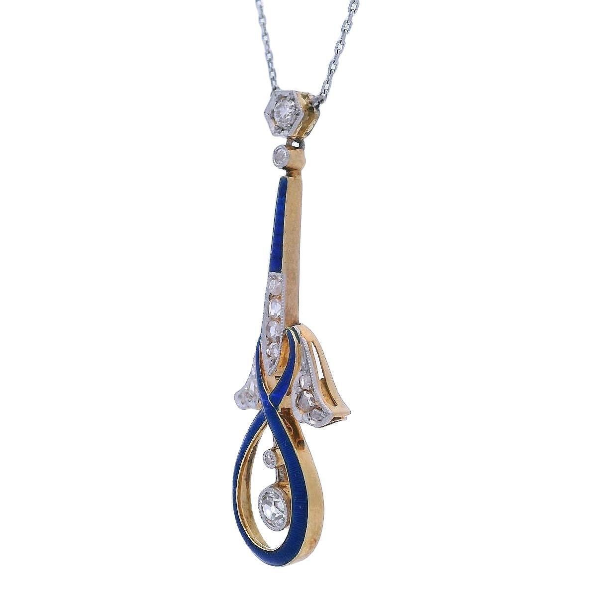 Old Mine Cut Art Nouveau 1900 Enamel Pendant Necklace in 18kt Gold and Platinum with Diamonds For Sale