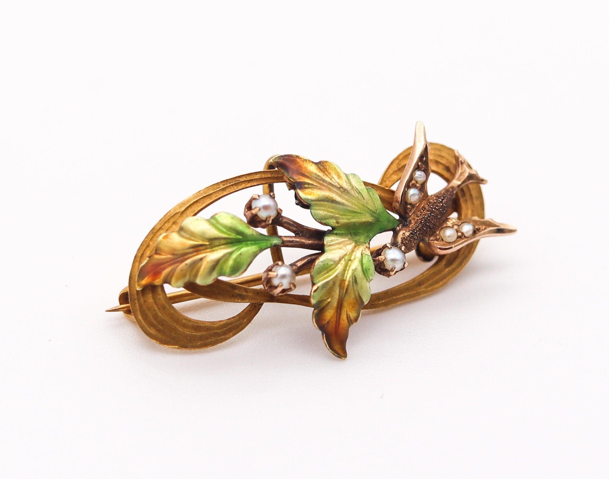 Round Cut ART NOUVEAU 1900 Enameled Flowers Pin Brooch in 10Kt Gold & Natural Pearls For Sale