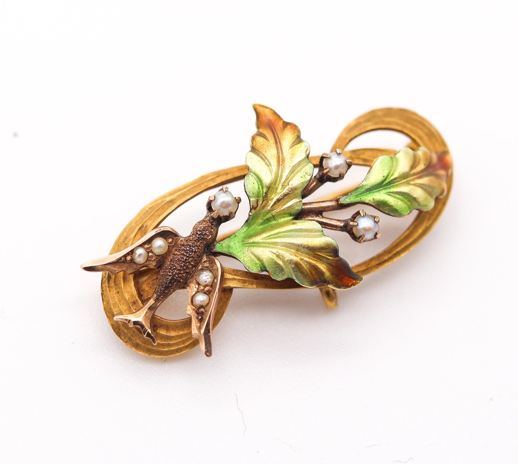 ART NOUVEAU 1900 Enameled Flowers Pin Brooch in 10Kt Gold & Natural Pearls For Sale 1