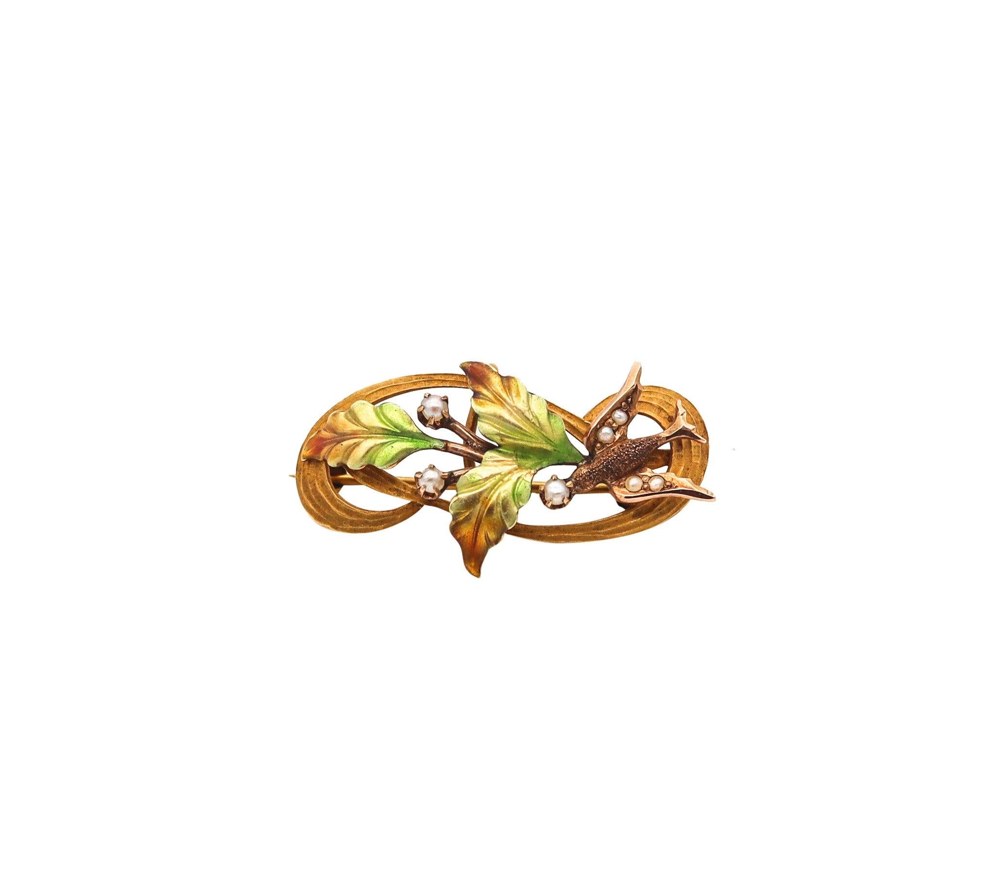 ART NOUVEAU 1900 Enameled Flowers Pin Brooch in 10Kt Gold & Natural Pearls For Sale 2