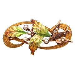 Antique ART NOUVEAU 1900 Enameled Flowers Pin Brooch in 10Kt Gold & Natural Pearls