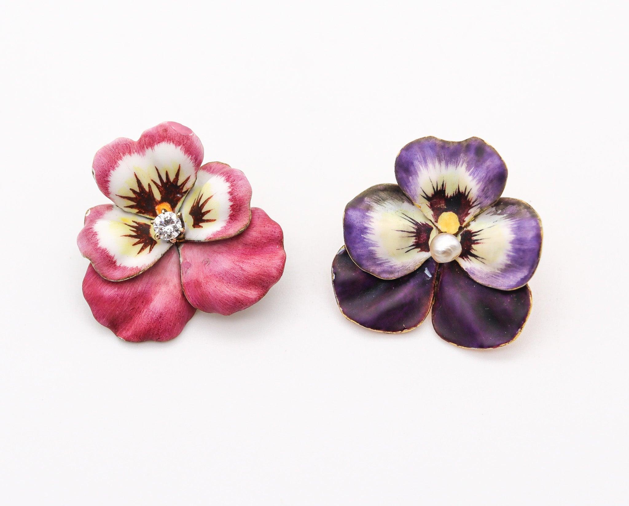 Old European Cut ART NOUVEAU 1900 Enameled Pansy Earrings In 14Kt Gold With Diamond & Pearl For Sale