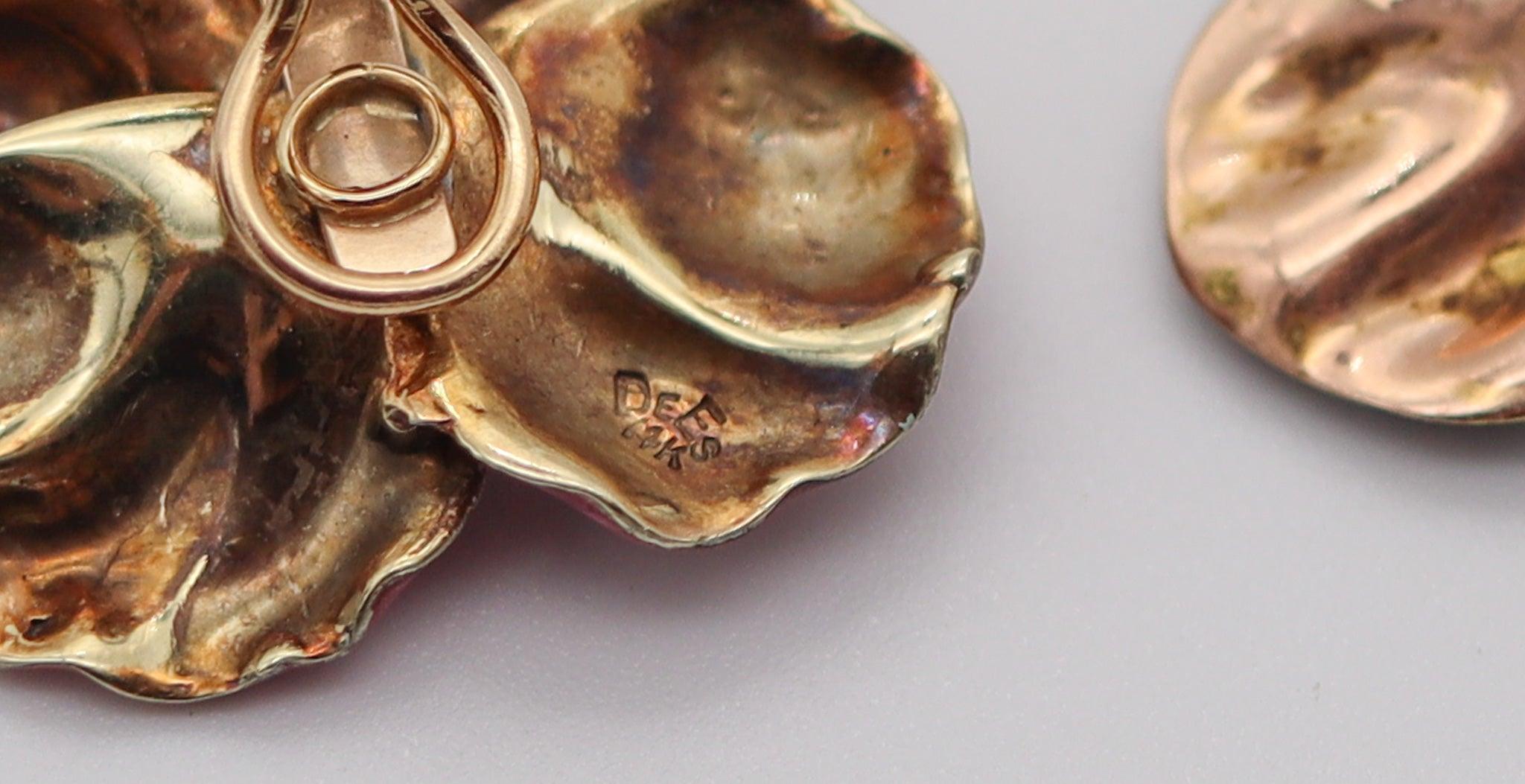 Women's ART NOUVEAU 1900 Enameled Pansy Earrings In 14Kt Gold With Diamond & Pearl For Sale