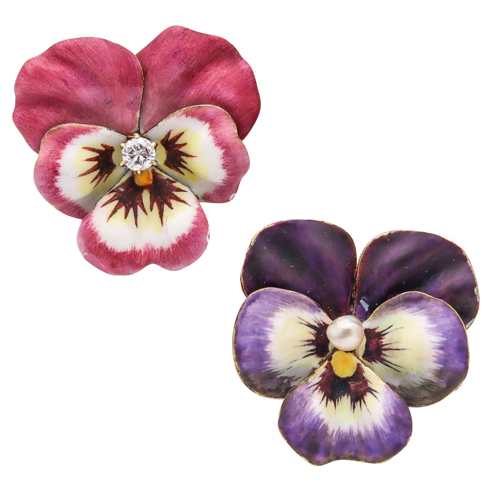 ART NOUVEAU 1900 Enameled Pansy Earrings In 14Kt Gold With Diamond & Pearl