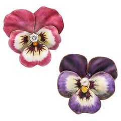 ART NOUVEAU 1900 Pendientes Esmaltados Pensamiento En Oro De 14Kt Con Diamante Y Perla