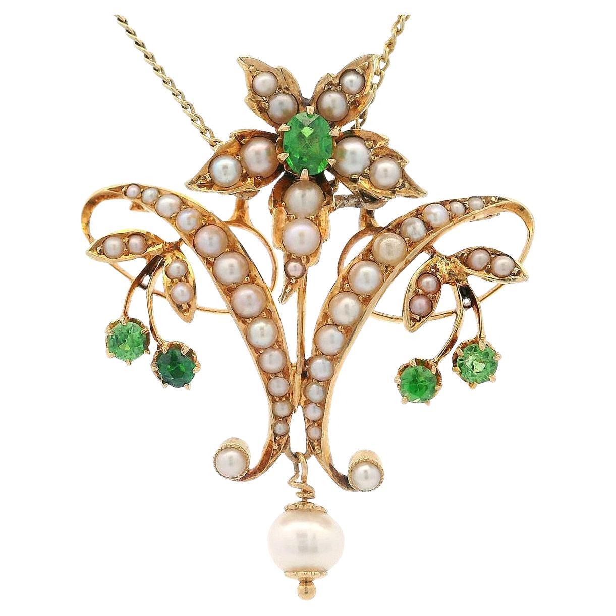 Art Nouveau 1900 Necklace in 18kt Gold with seed Pearls and Tsavorites