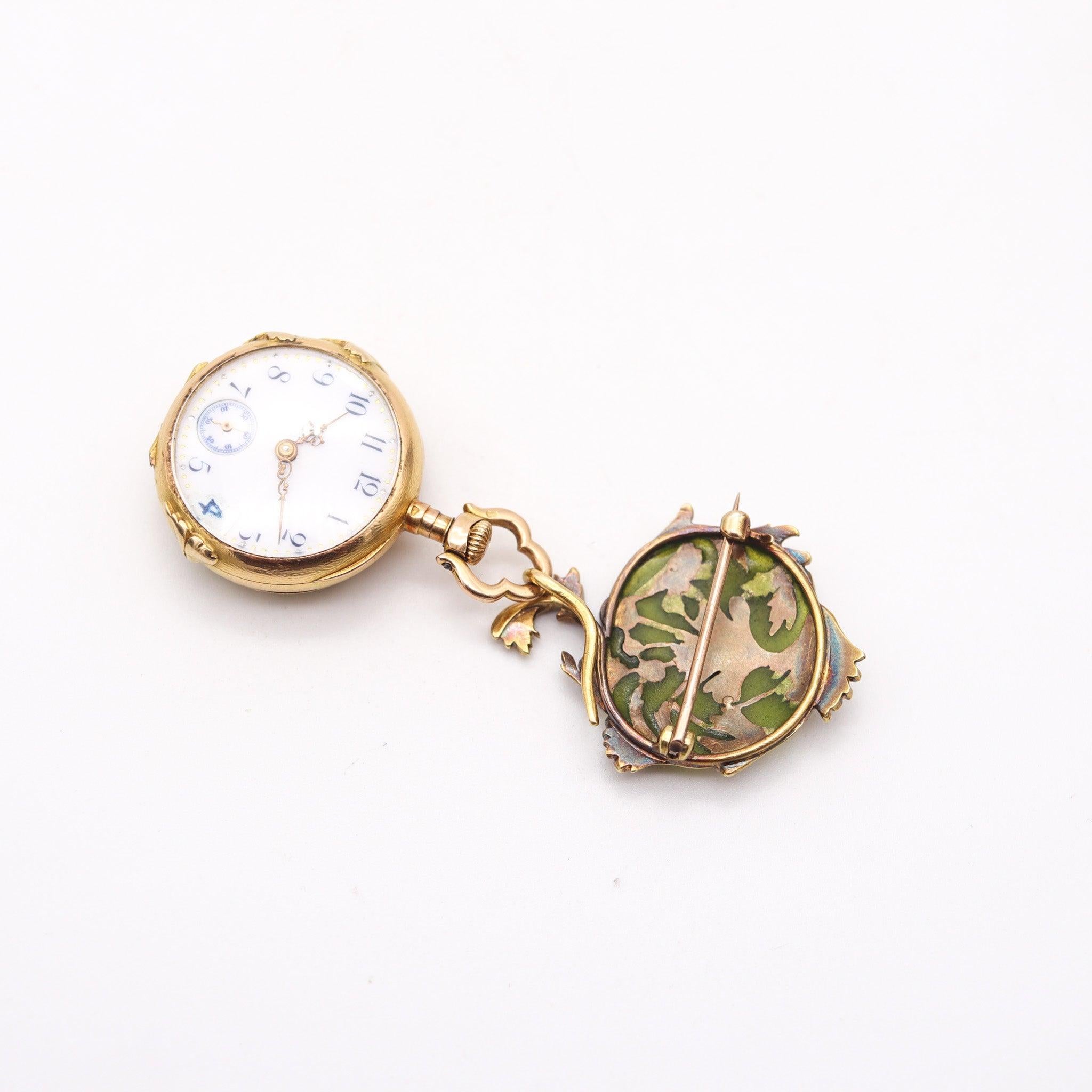ART NOUVEAU 1900 Plique à Jour Emaille Uhr in 18Kt Gold mit Rosenschliff Diamanten im Angebot 5