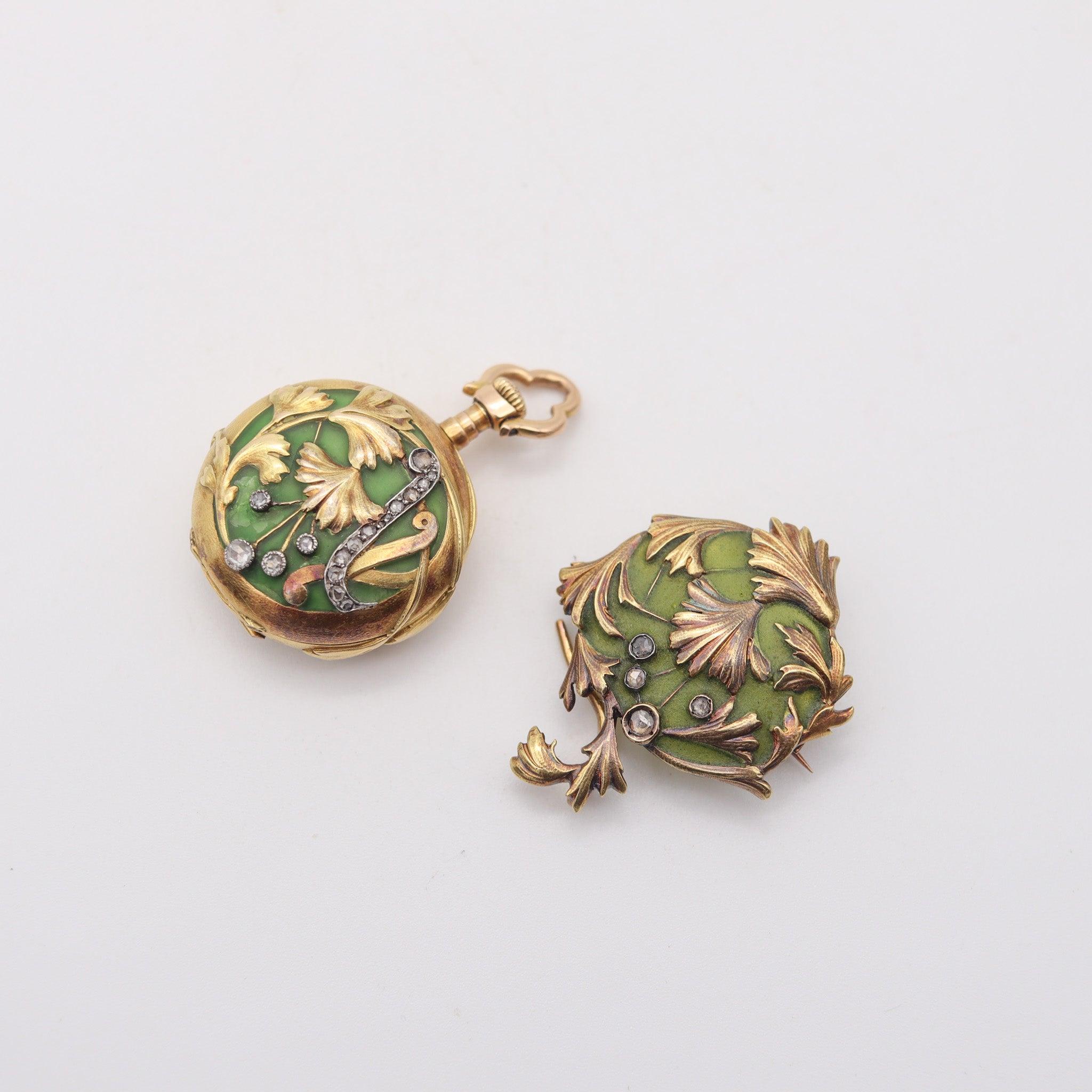 ART NOUVEAU 1900 Plique à Jour Emaille Uhr in 18Kt Gold mit Rosenschliff Diamanten im Angebot 6