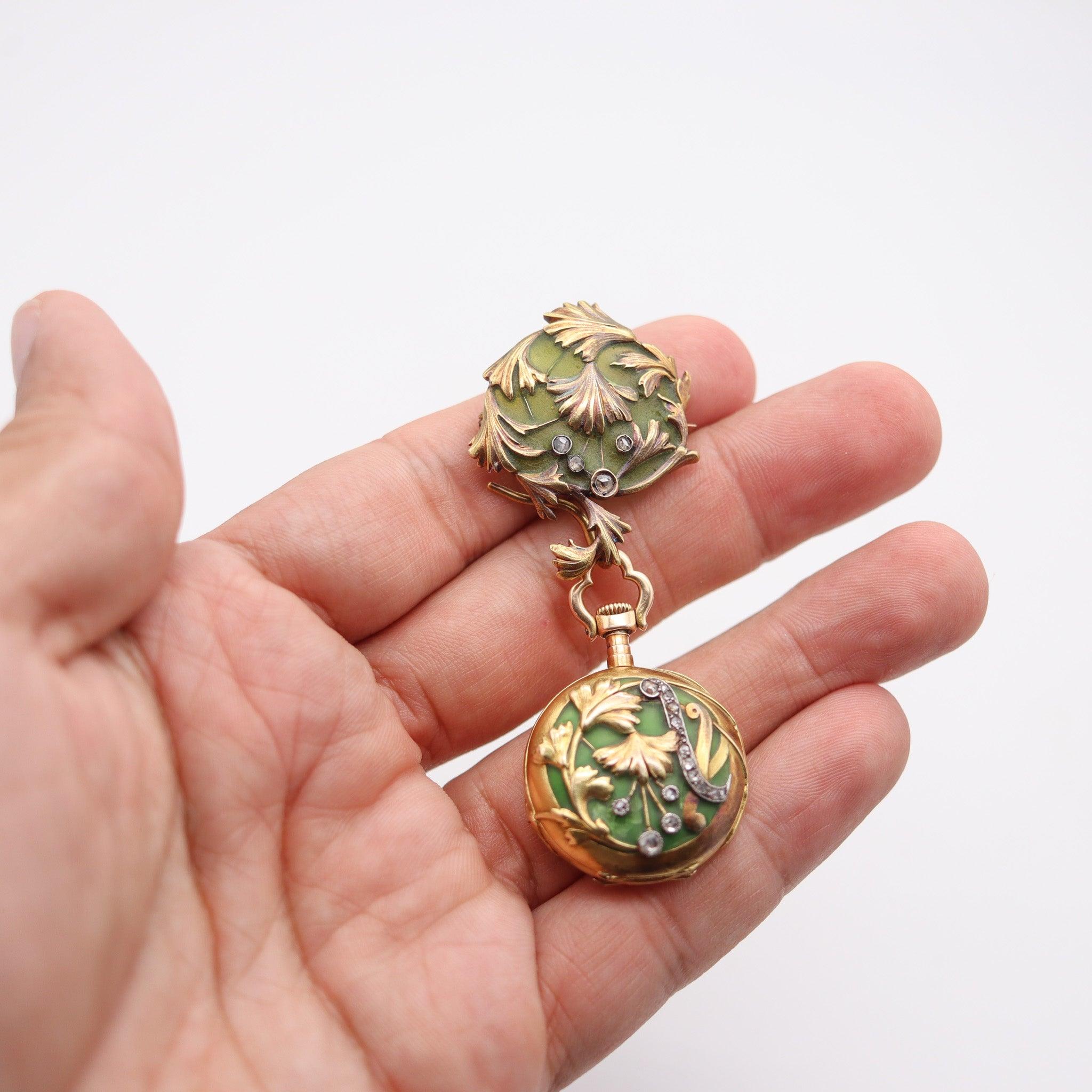 ART NOUVEAU 1900 Plique à Jour Emaille Uhr in 18Kt Gold mit Rosenschliff Diamanten im Angebot 8