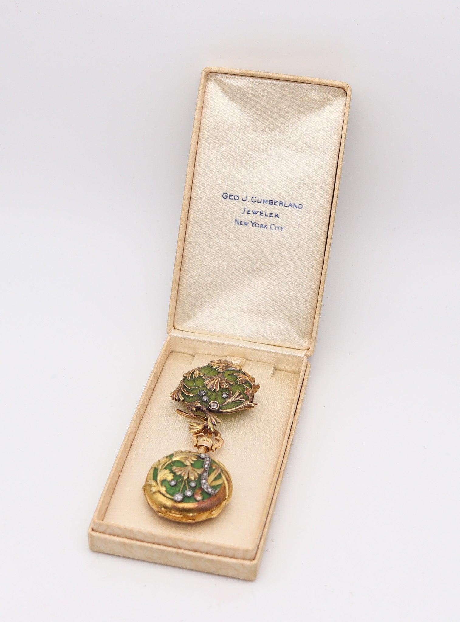 ART NOUVEAU 1900 Plique à Jour Emaille Uhr in 18Kt Gold mit Rosenschliff Diamanten (Art nouveau) im Angebot