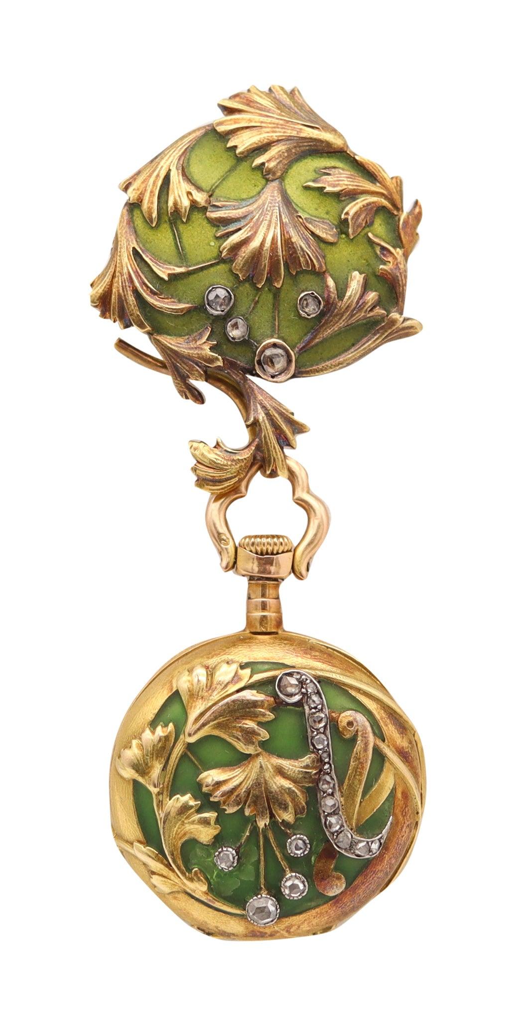 ART NOUVEAU 1900 Plique à Jour Emaille Uhr in 18Kt Gold mit Rosenschliff Diamanten im Zustand „Hervorragend“ im Angebot in Miami, FL