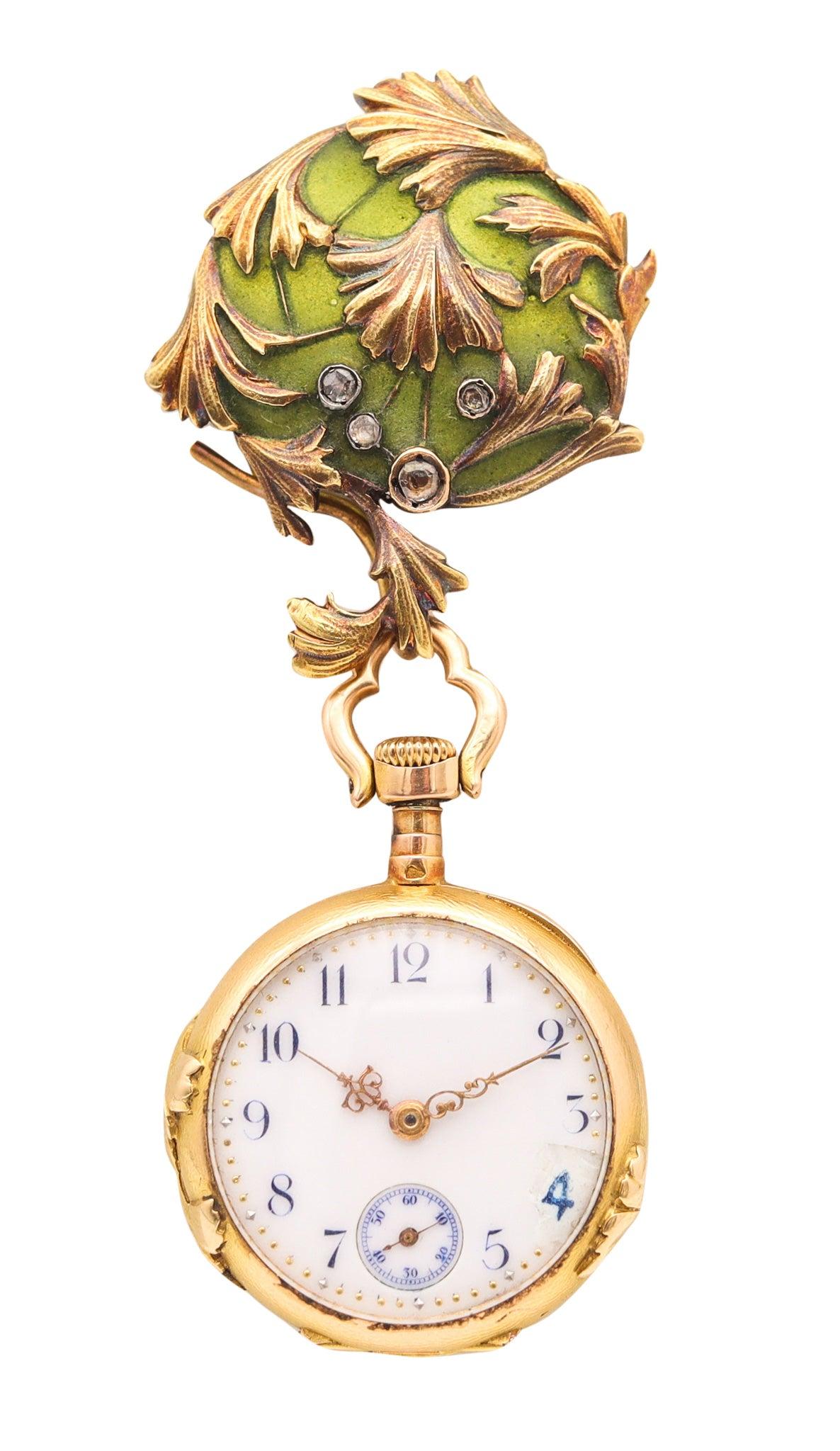 ART NOUVEAU 1900 Plique à Jour Emaille Uhr in 18Kt Gold mit Rosenschliff Diamanten im Angebot 1