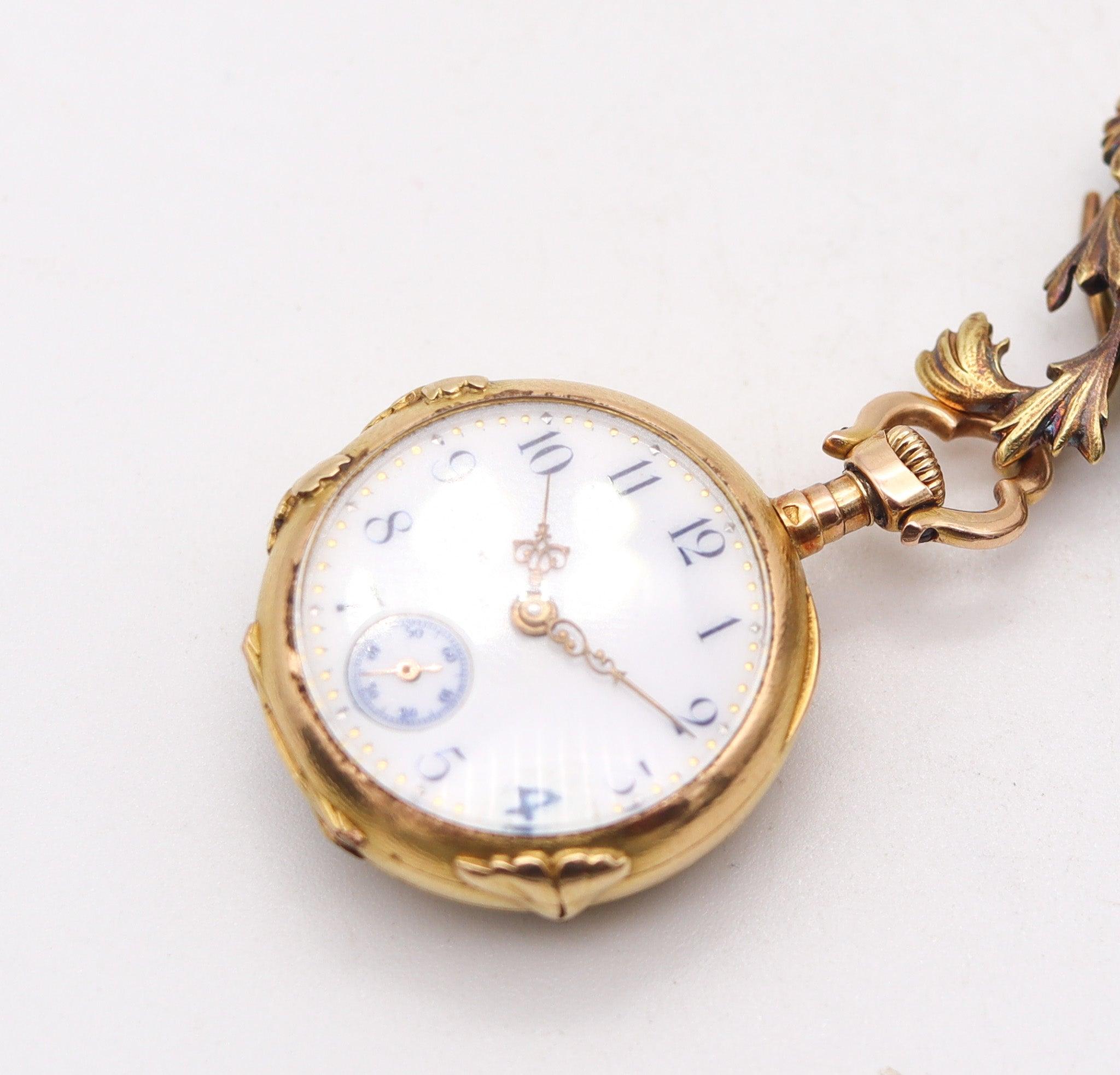 ART NOUVEAU 1900 Plique à Jour Emaille Uhr in 18Kt Gold mit Rosenschliff Diamanten im Angebot 2