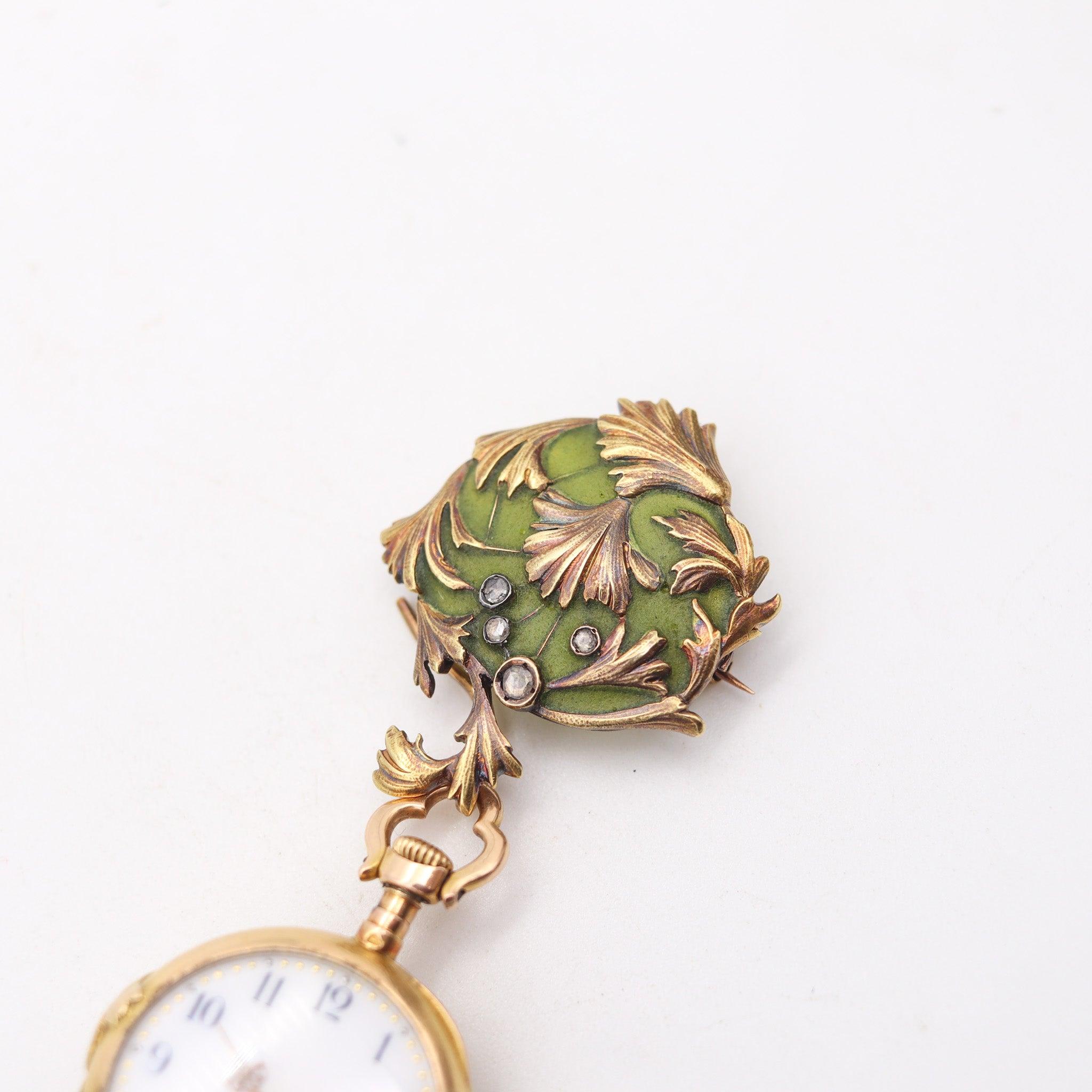 ART NOUVEAU 1900 Plique à Jour Emaille Uhr in 18Kt Gold mit Rosenschliff Diamanten im Angebot 3
