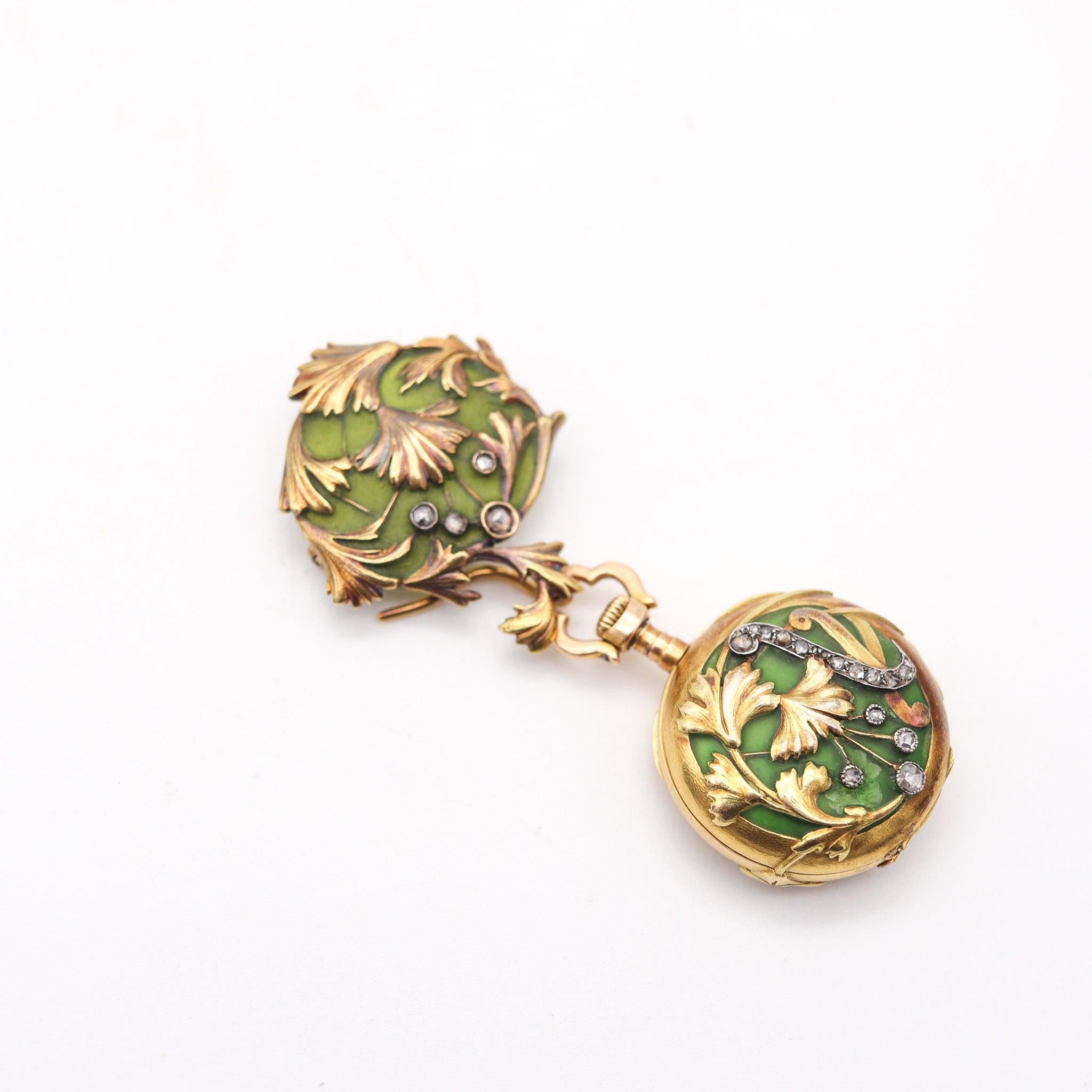 ART NOUVEAU 1900 Plique à Jour Emaille Uhr in 18Kt Gold mit Rosenschliff Diamanten im Angebot 4