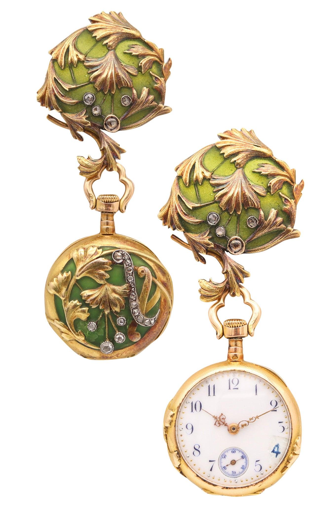 ART NOUVEAU 1900 Reloj Plique à Jour Esmaltado en Oro de 18 Kt con Diamantes talla rosa