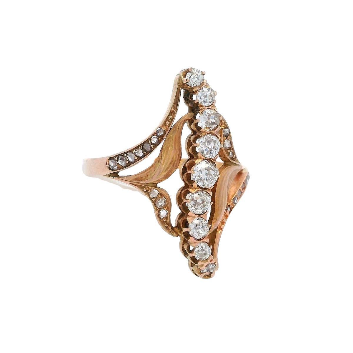 Taglio vecchia miniera Anello Art Nouveau 1900 in oro giallo 18 carati con diamanti in vendita