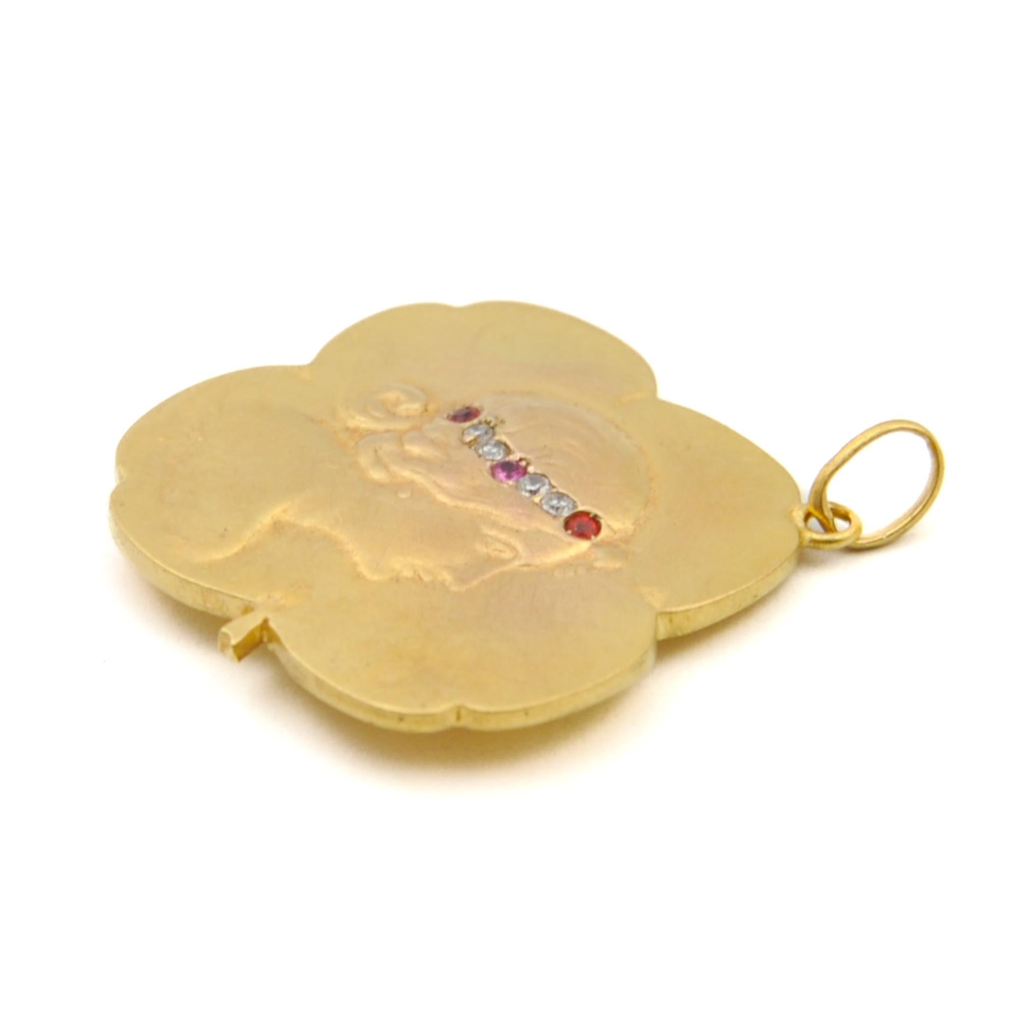 Women's Antique French Art Nouveau Ruby and Diamond 20K Gold Pendant For Sale