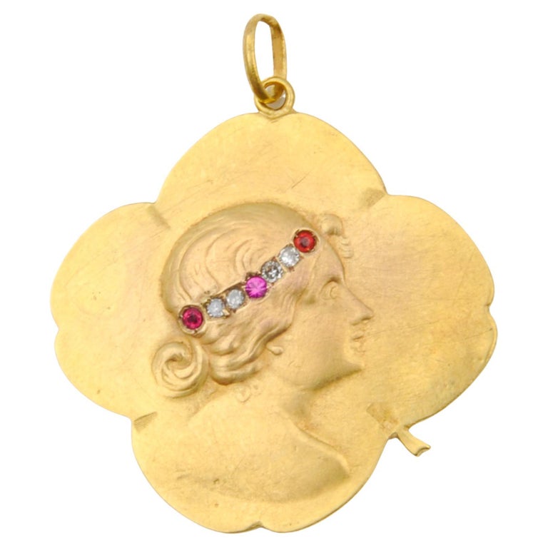Pendentif Ancien En Or Art Nouveau - Bijou Vintage Porté - Occasion Avec Caractère