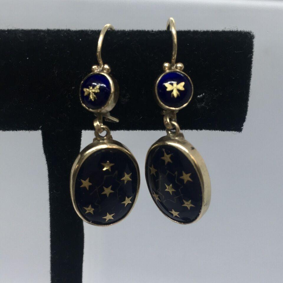 Art Nouveau 1900s French 14K Gold Drop Blue Celestial Enamel Earrings Hallmark In Excellent Condition For Sale In Santa Monica, CA