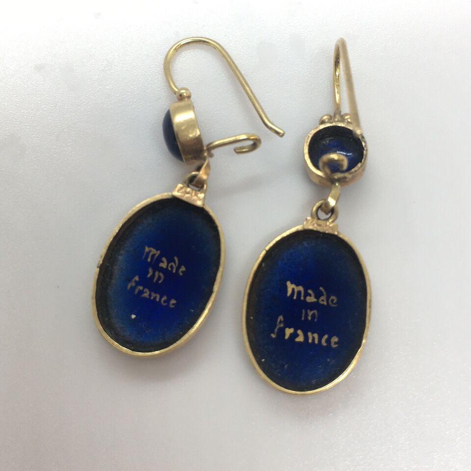 Art Nouveau 1900s Französisch 14K Gold Drop Blue Celestial Emaille Ohrringe Hallmark Damen im Angebot