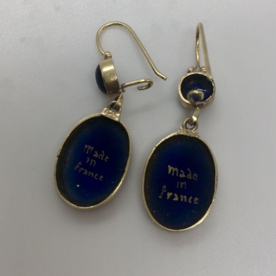 Art Nouveau 1900s French 14K Gold Drop Blue Celestial Enamel Earrings Hallmark For Sale 2