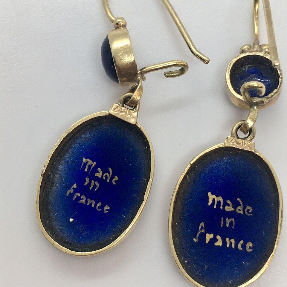 Art Nouveau 1900s Französisch 14K Gold Drop Blue Celestial Emaille Ohrringe Hallmark im Angebot 2