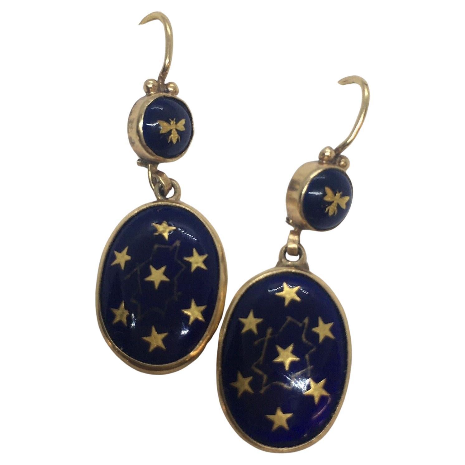 Art Nouveau 1900s French 14K Gold Drop Blue Celestial Enamel Earrings Hallmark