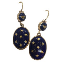 Art Nouveau 1900s French 14K Gold Drop Blue Celestial Enamel Earrings Hallmark