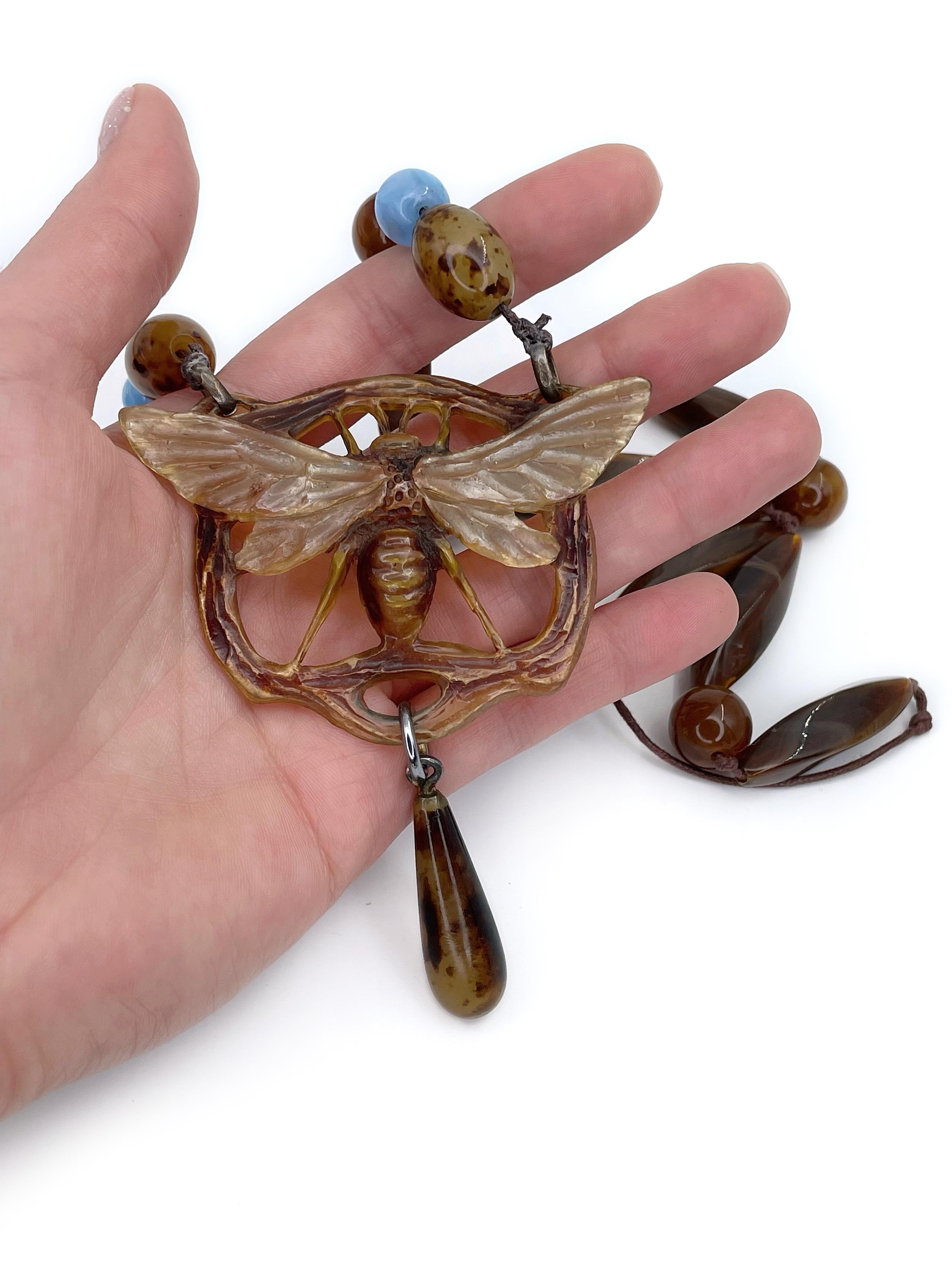 Art Nouveau 1900s Georges Pierre Signed Insect Pendant Bead Necklace In Good Condition For Sale In Vilnius, LT