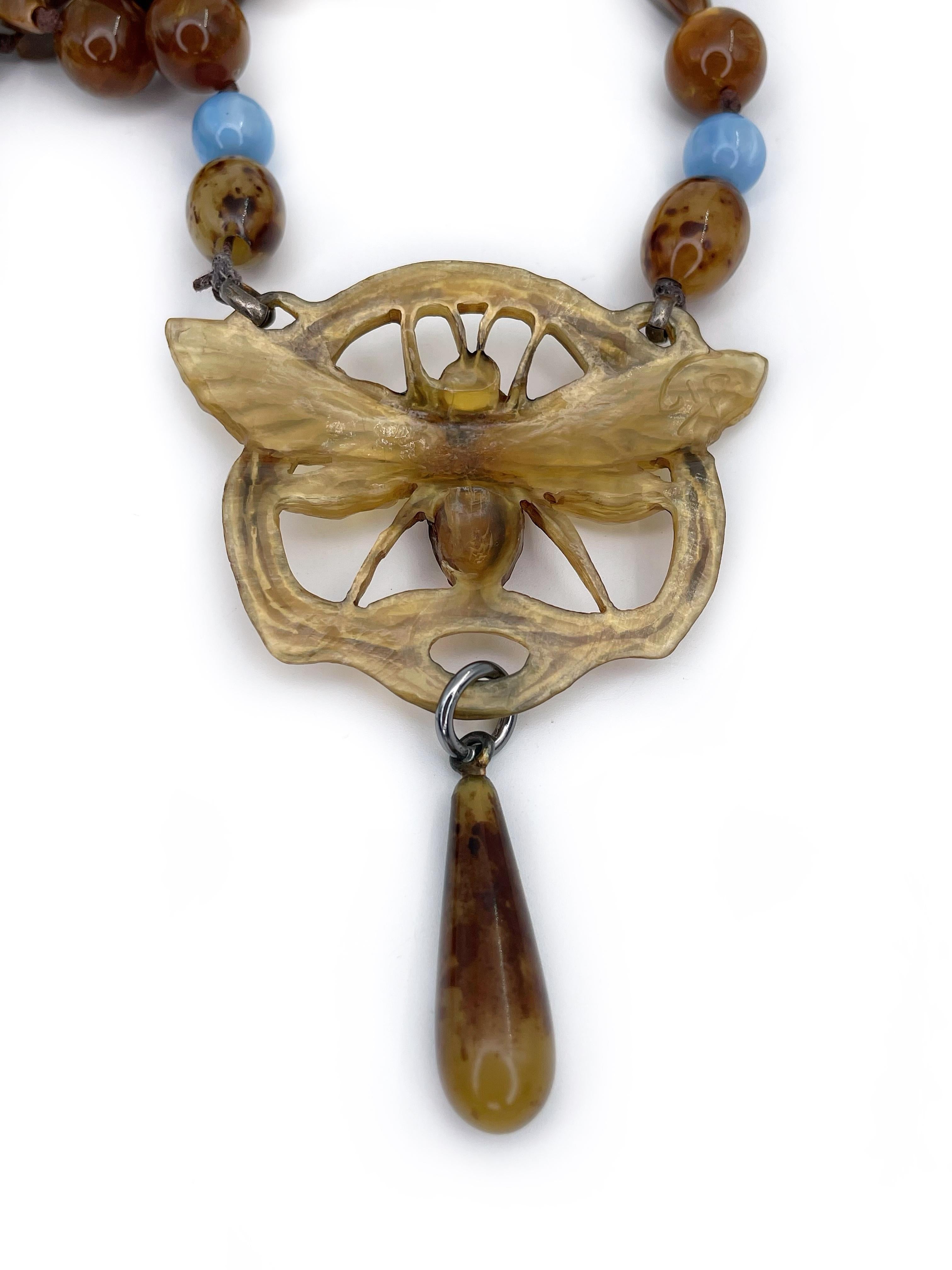 Women's or Men's Art Nouveau 1900s Georges Pierre Signed Insect Pendant Bead Necklace For Sale