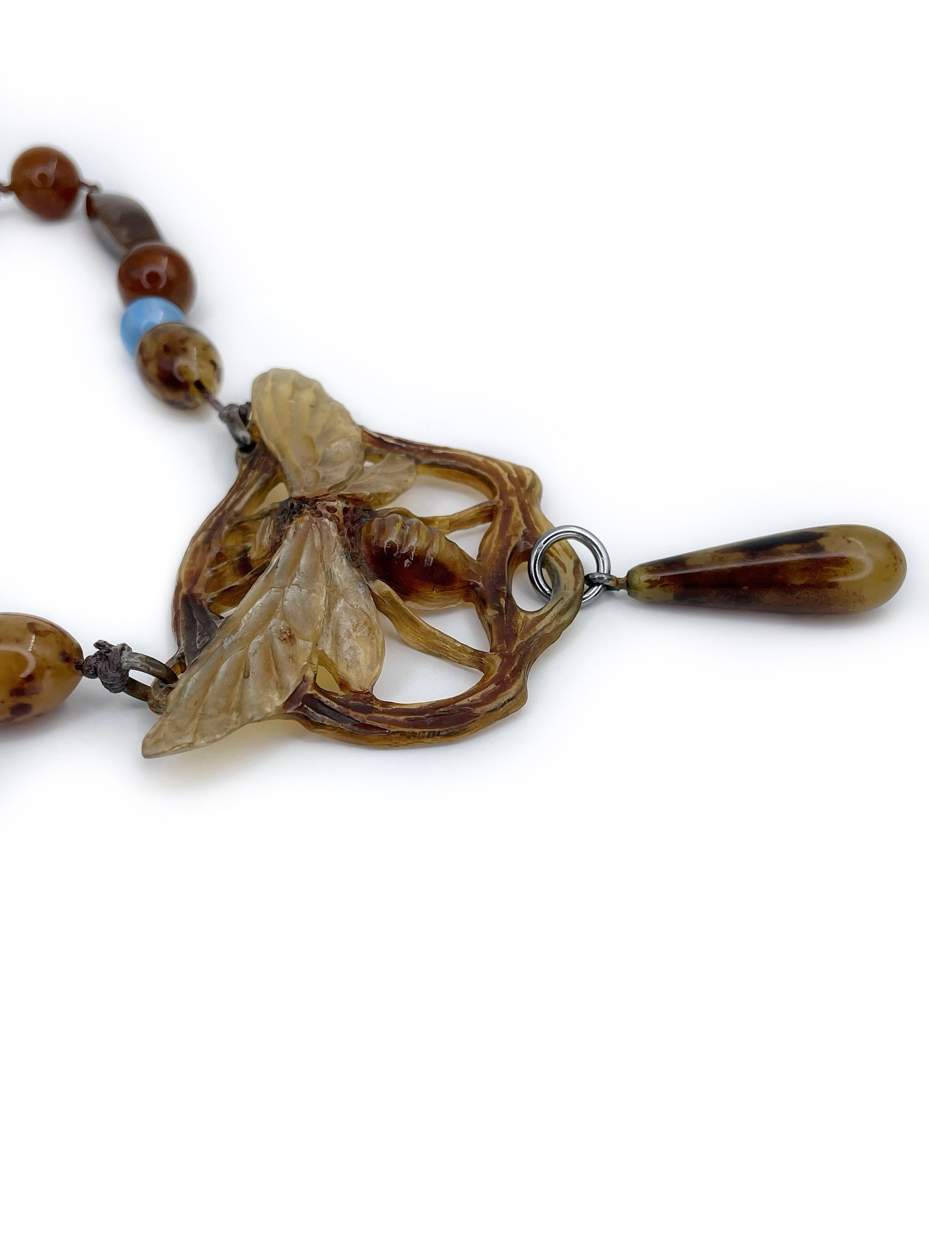 Art Nouveau 1900s Georges Pierre Signed Insect Pendant Bead Necklace For Sale 4