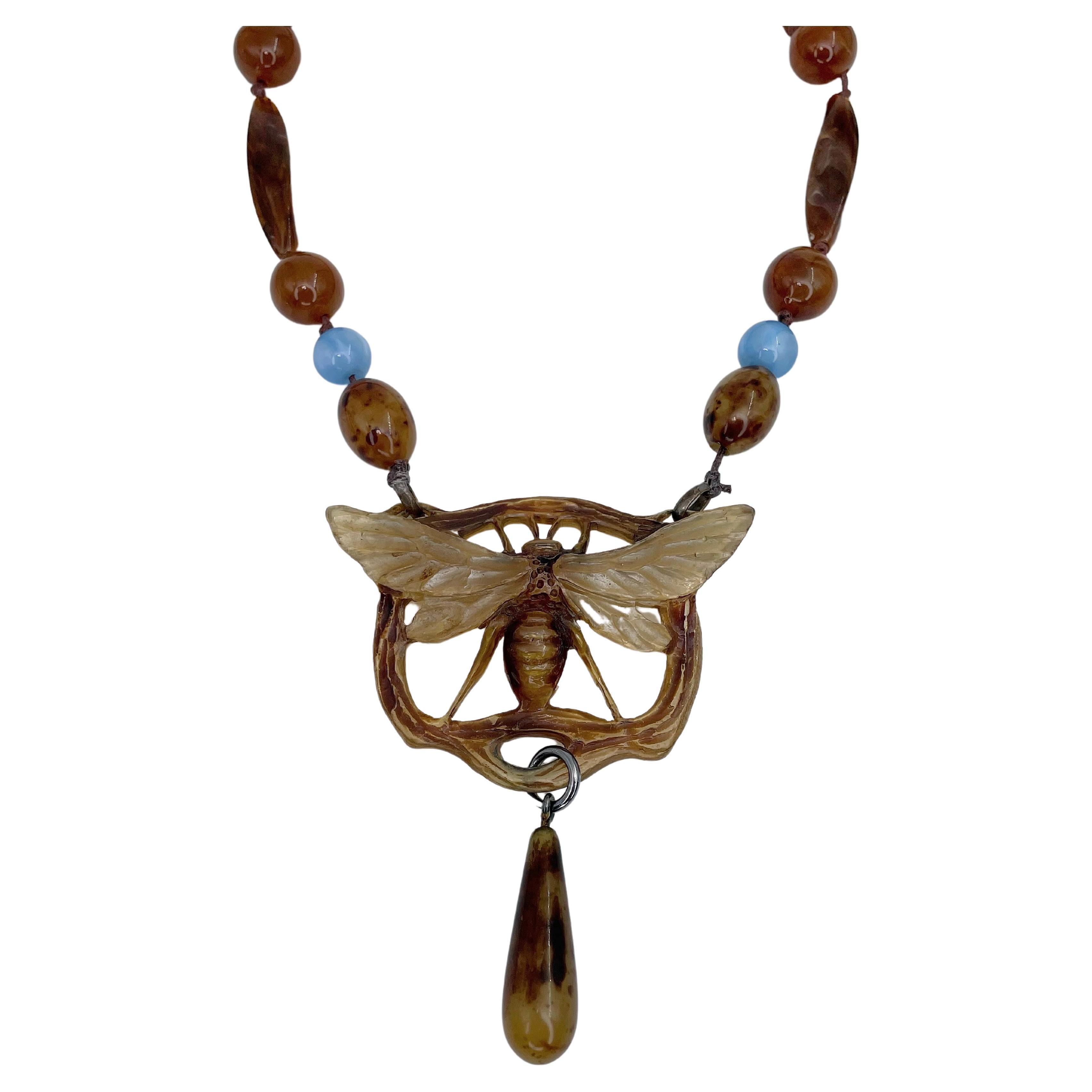 Art Nouveau 1900s Georges Pierre Signed Insect Pendant Bead Necklace For Sale