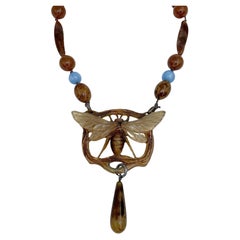 Art Nouveau 1900s Georges Pierre Signed Insect Pendant Bead Necklace
