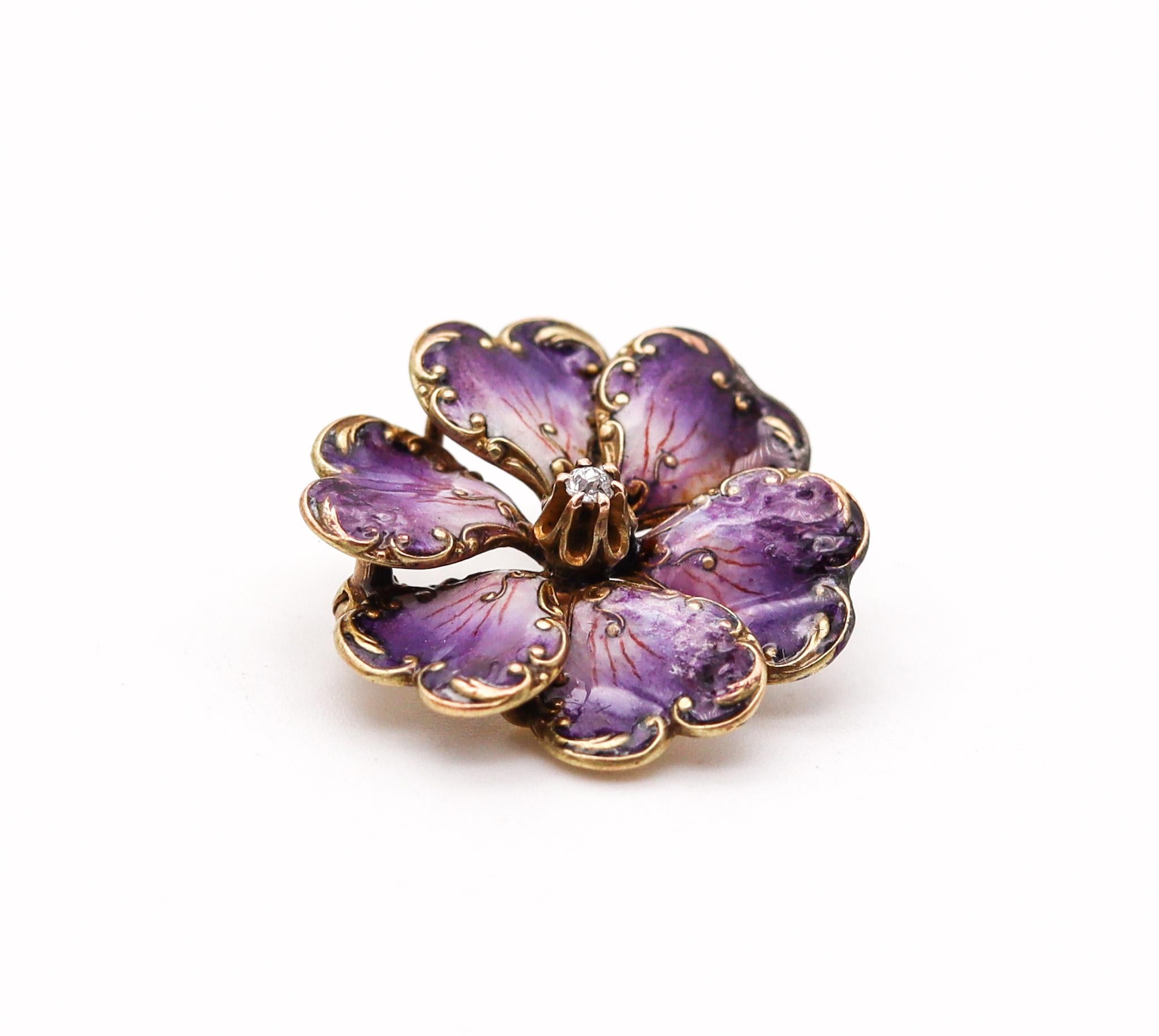 Edwardian enameled purple flower brooch.

Beautiful three-dimensional piece, created in America during the Edwardian and the Art Nouveau periods, back in the 1901-1910. This beautiful pin brooch has been carefully crafted in solid yellow gold of 14