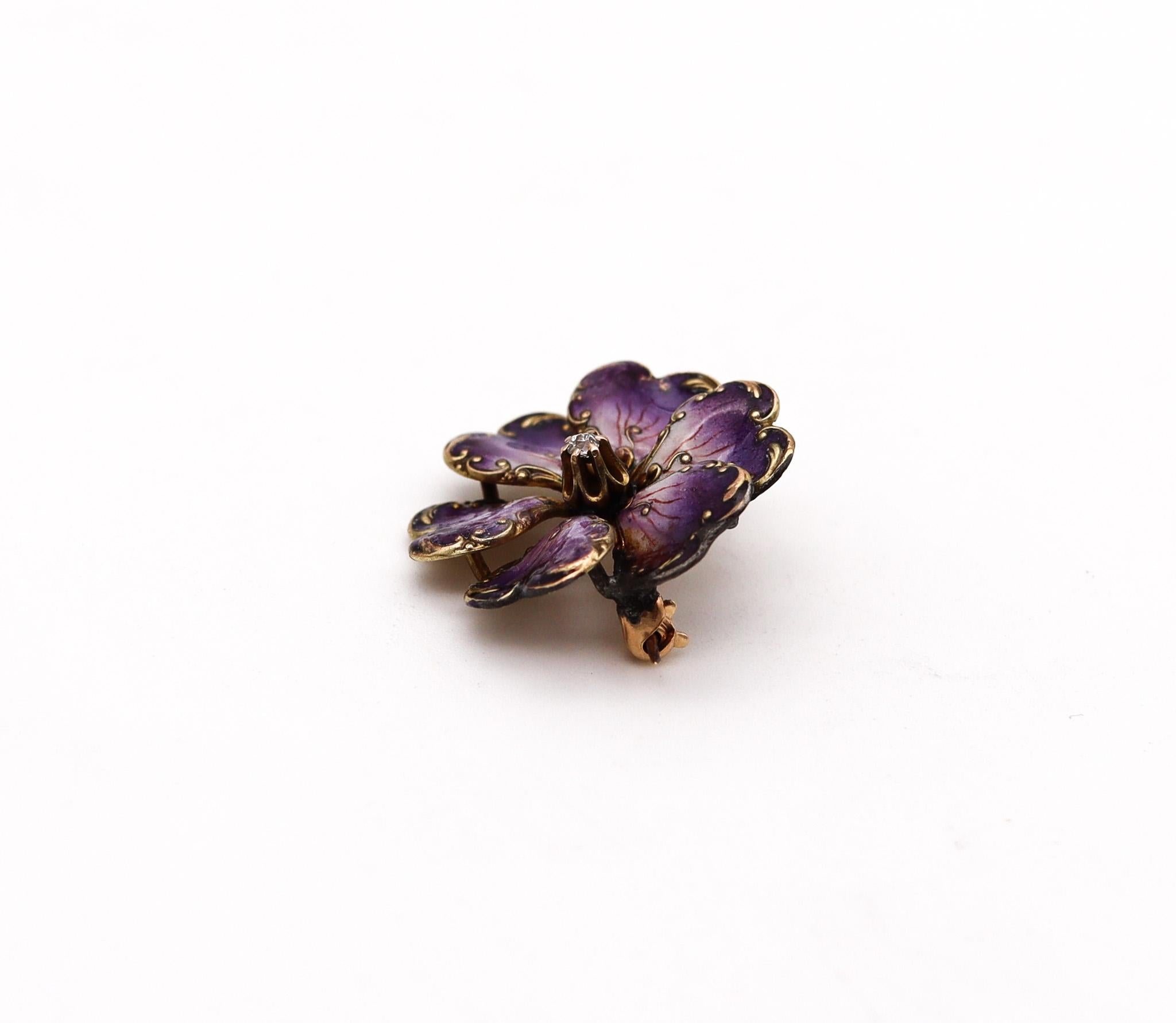 Art Nouveau 1905 Edwardian Enameled Purple Flower Brooch 14Kt Gold with Diamond In Excellent Condition For Sale In Miami, FL