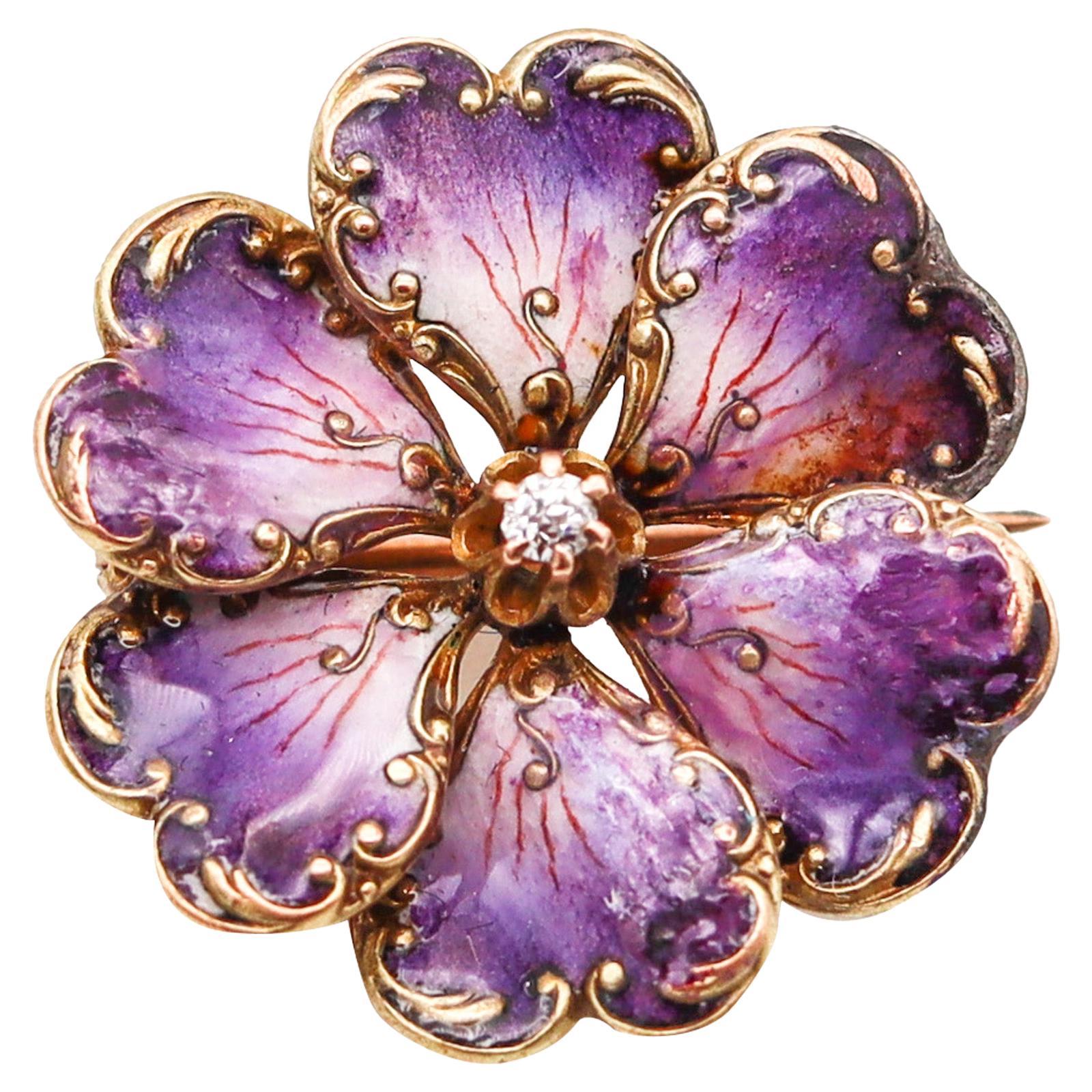 Art Nouveau 1905 Edwardian Enameled Purple Flower Brooch 14Kt Gold with Diamond