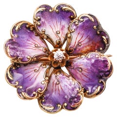 Antique Art Nouveau 1905 Edwardian Enameled Purple Flower Brooch 14Kt Gold with Diamond