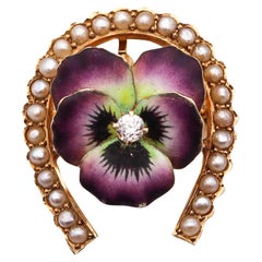Art Nouveau 1905 Edwardian Enameled Purple Pansy Brooch in 14kt Gold with Pearl