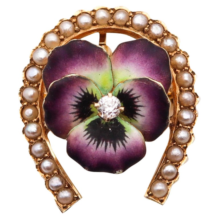 Art Nouveau 1905 Edwardian Enameled Purple Pansy Brooch in 14kt Gold