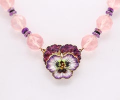 Jugendstil 1905 Emaille Pansy Blume Halskette in 14Kt Gold mit rosa Quarz mit rosa Quarz