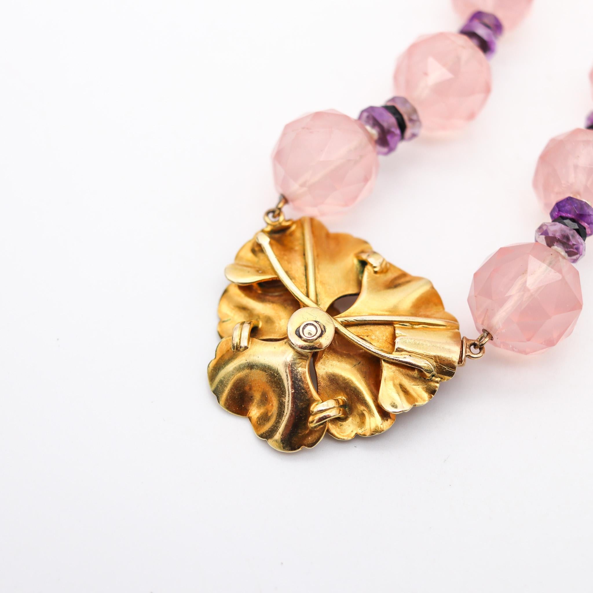 Women's Art Nouveau 1905 Enamel Pansy Flower Necklace In 14Kt Gold With Pink Quartz For Sale