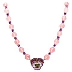 Jugendstil 1905 Emaille Pansy Blume Halskette in 14Kt Gold mit rosa Quarz mit rosa Quarz