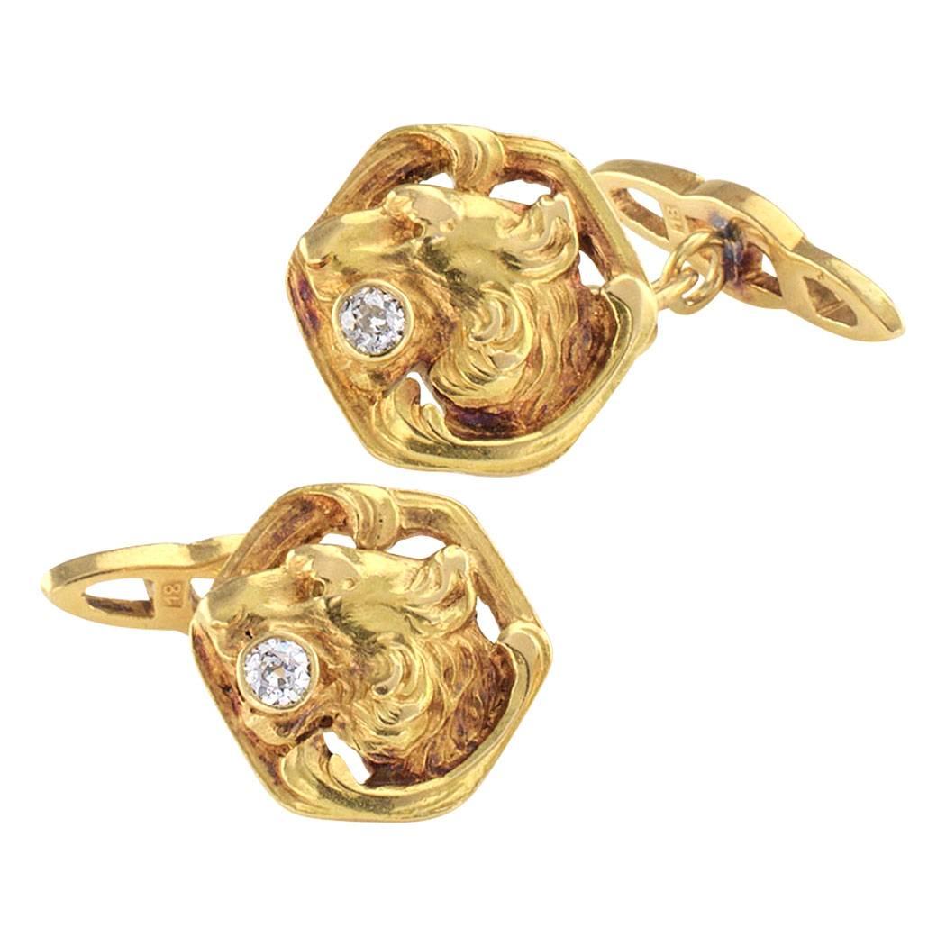 Art Nouveau 1905 Lion Head Cufflinks Diamonds Gold