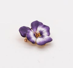 Art Nouveau 1905 Purple Enamel Pansy Flower Pendant Brooch In 14Kt Yellow Gold