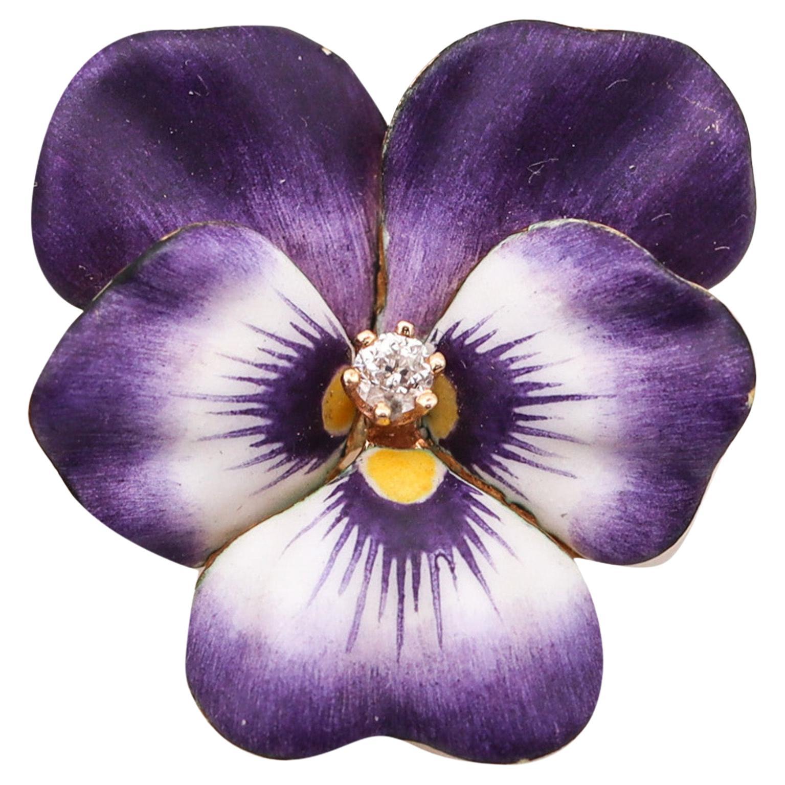 Art Nouveau 1905 Purple Enamel Pansy Flower Pendant Brooch In 14Kt Yellow Gold For Sale