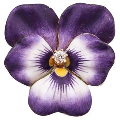Art Nouveau 1905 Broche Colgante Flor Pensamiento De Esmalte Violeta En Oro Amarillo De 14Kt