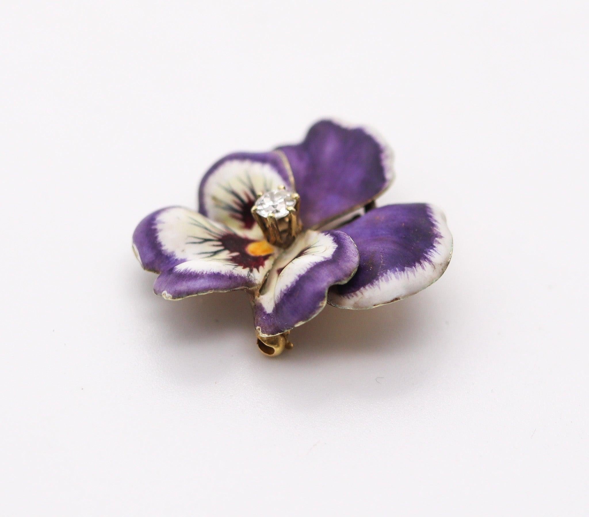 Art Nouveau ART NOUVEAU 1905 Purple Enameled Pansy Brooch In 18Kt Yellow Gold With Diamond For Sale