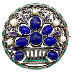 Art Nouveau 1906-1908 Theodor Fahrner Silver Lapis Enamel Pearl Brooch