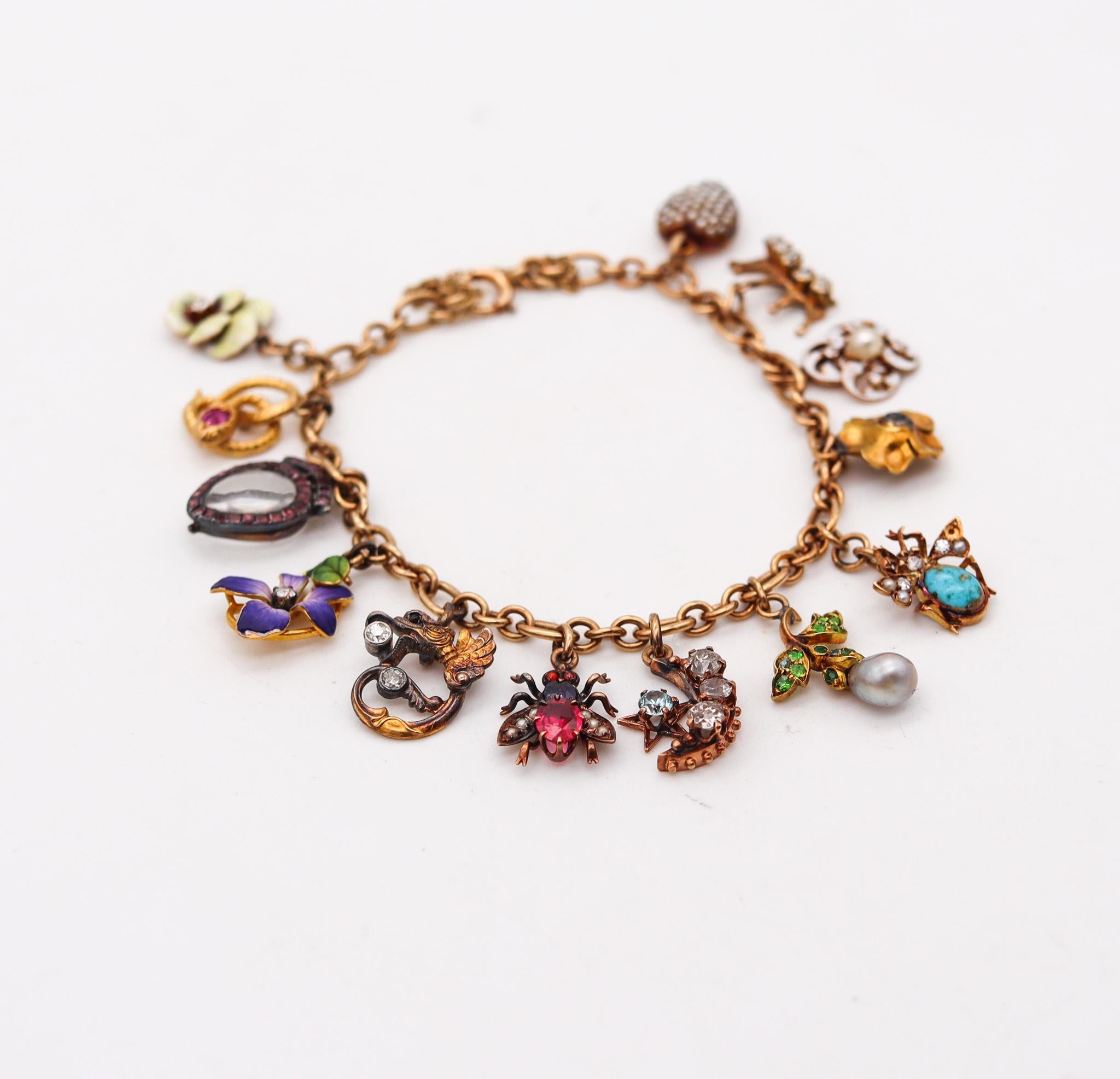 Rare and unusual charms bracelet from the art nouveau period.

This is one of the most beautiful and colorful charms bracelet we has been seen in long time. This bracelet is of European origin and is composed by charms from different periods such;